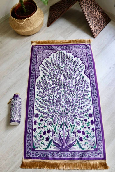 Çini Desenli İpek Dokulu Keseli Seccade Mor - Resim 2