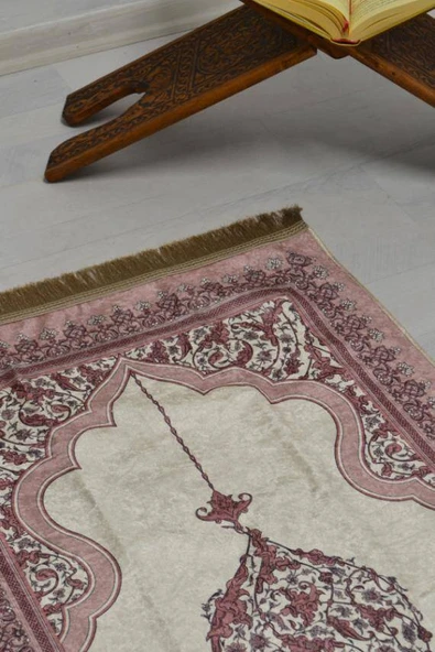 Pratik ve Taşınabilir İpek Dokulu Mihrap Desenli Çantalı Seccade Gül Kurusu - Resim 3