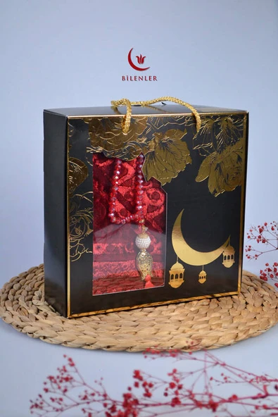 Özel Kutulu Hediyelik Lüks Kadife Dokuma Seccade ve Kristal Tesbih Seti Kırmızı - Resim 1