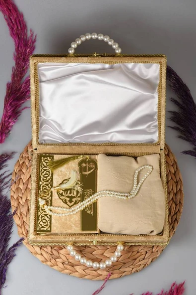 İnci Ahşap Kadife Kutulu Kuran-ı Kerim Çeyizlik-Hediyelik Set Gold Renk - Resim 2