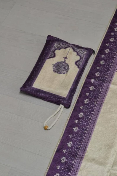 Pratik ve Taşınabilir İpek Dokulu Mihrap Desenli Çantalı Seccade Mor - Resim 5