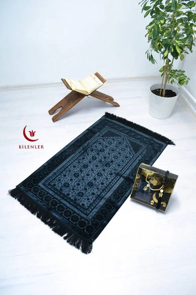 Özel Kutulu Hediyelik Lüks Kadife Dokuma Seccade ve Kristal Tesbih Seti Siyah - Resim 3