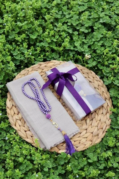 Hediyelik Mevlitlik Eşarp ve İnci Tesbih Set 1 Adet Gri - Resim 2