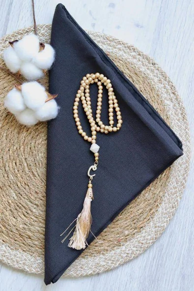 Hediyelik Mevlitlik Eşarp ve İnci Tesbih Set 1 Adet Siyah - Resim 2