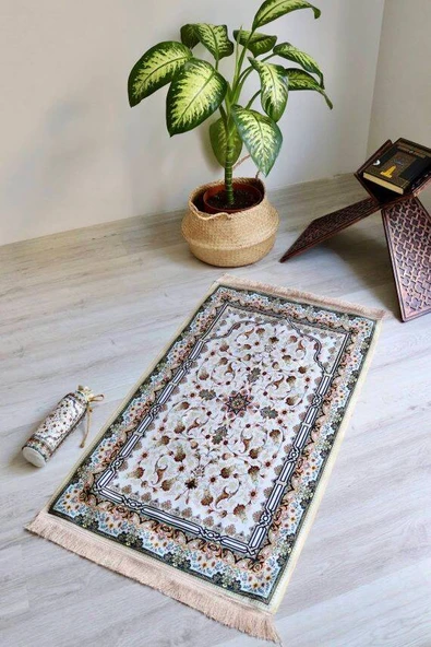 Gülhan Desenli İpek Dokulu Keseli Seccade Krem Renk ürün görseli 1