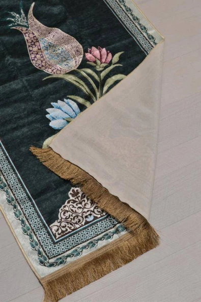 Pratik ve Taşınabilir İpek Dokulu Lale Desenli Keseli Seccade Yeşil - Resim 4