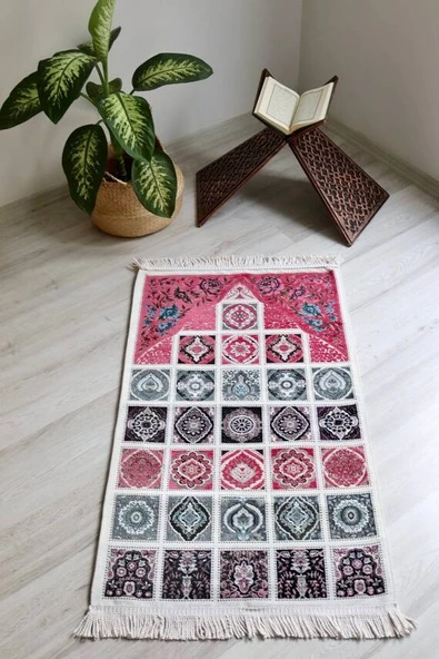 40 Yama Desenli Astarlı  Seccade Pembe - Resim 3