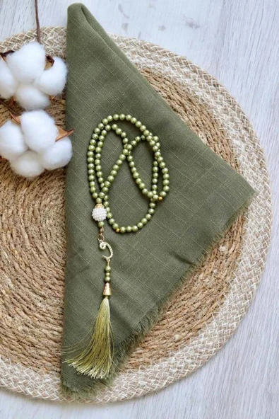 Hediyelik Mevlitlik Eşarp ve İnci Tesbih Set 1 Adet Yeşil - Resim 2