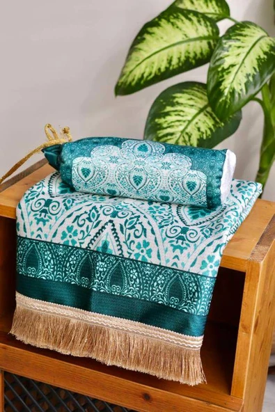 Rumi Desenli İpek Dokulu Keseli Seccade Yeşil Renk - Resim 3