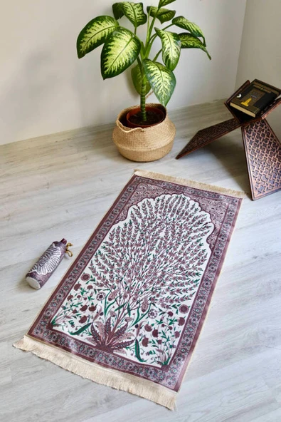 Çini Desenli İpek Dokulu Keseli Seccade Gül Kurusu ürün görseli