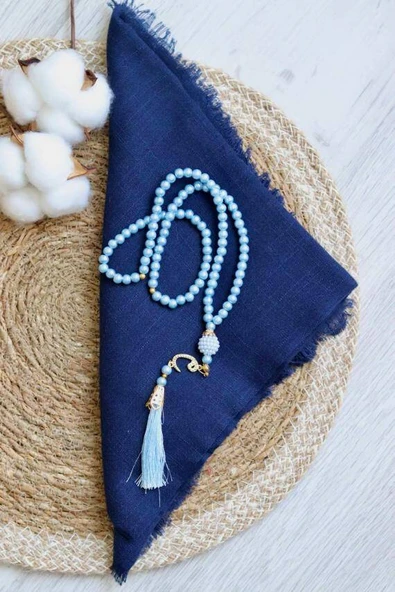 Hediyelik Mevlitlik Eşarp ve İnci Tesbih Set 1 Adet Lacivert - Resim 2