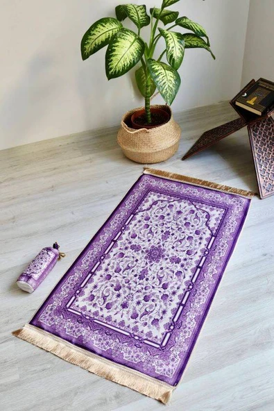 Gülhan Desenli İpek Dokulu Keseli Seccade Mor Renk ürün görseli