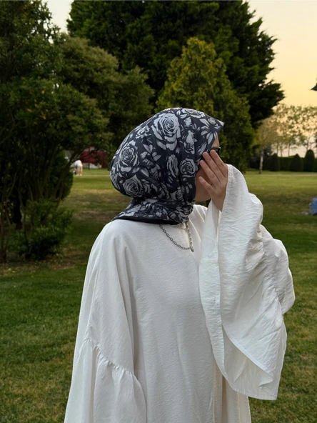 Pamuklu Soft Roza Desen Eşarp-Siyah/Antrasit - 2