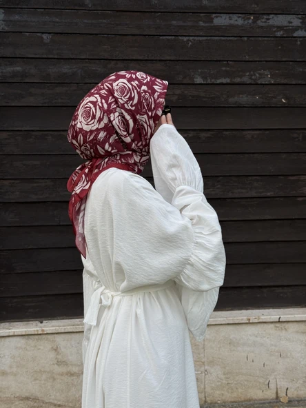 Pamuklu Soft Roza Desen Eşarp-Bordo - 2