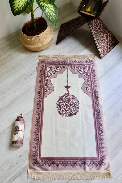 Mihrap Desenli İpek Dokulu Keseli Seccade Pembe - Resim 4