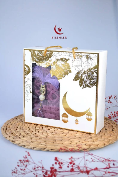 Özel Kutulu Hediyelik Lüks Kadife Dokuma Seccade ve Kristal Tesbih Seti Mor ürün görseli