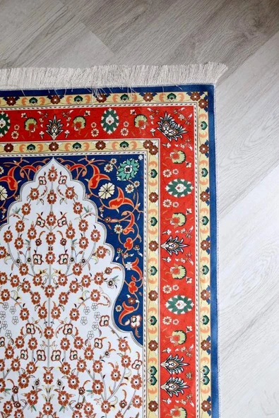 Küçük Çiçek Desenli İpek Dokulu Keseli Seccade Kırmızı - Resim 4