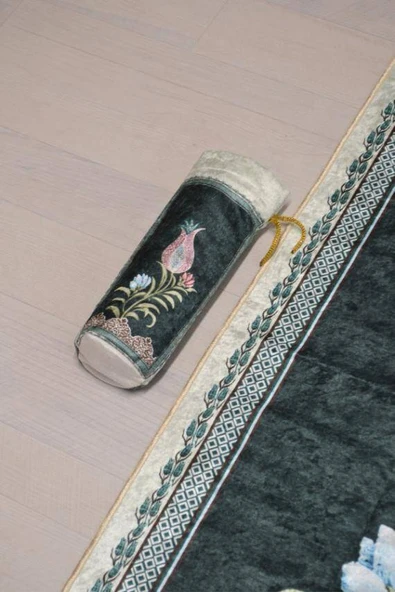 Pratik ve Taşınabilir İpek Dokulu Lale Desenli Keseli Seccade Yeşil - Resim 5