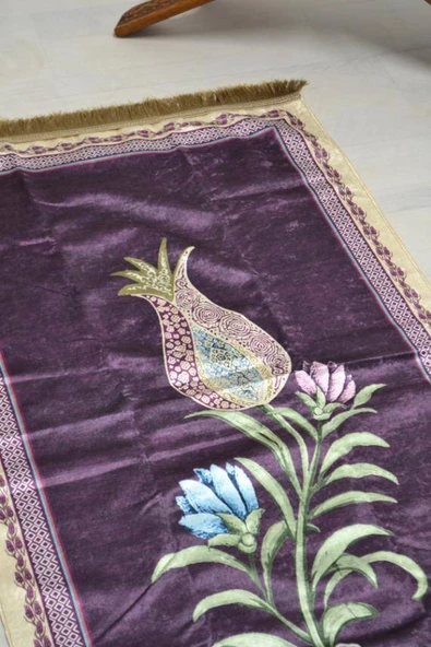 Pratik ve Taşınabilir İpek Dokulu Lale Desenli Keseli Seccade Mor - Resim 4