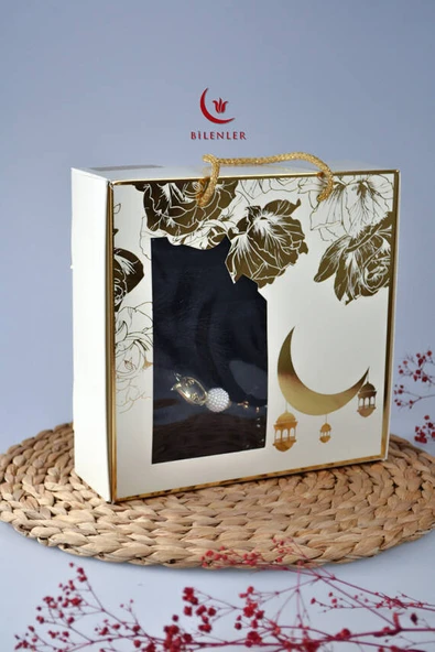 Özel Kutulu Hediyelik Lüks Kadife Dokuma Seccade ve Kristal Tesbih Seti Siyah - Resim 7