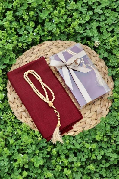 Hediyelik Mevlitlik Eşarp ve İnci Tesbih Set 1 Adet Bordo - Resim 2