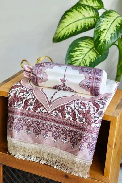 Mihrap Desenli İpek Dokulu Keseli Seccade Pembe - Resim 3