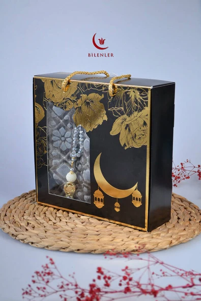 Özel Kutulu Hediyelik Lüks Kadife Dokuma Seccade ve Kristal Tesbih Seti Füme - Resim 7
