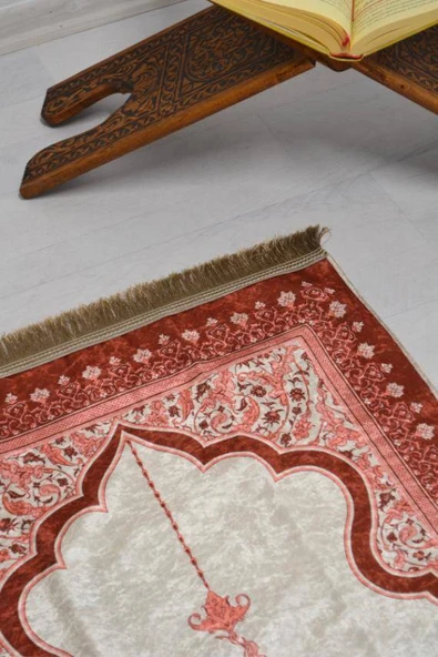 Pratik ve Taşınabilir İpek Dokulu Mihrap Desenli Çantalı Seccade Kiremit - Resim 2