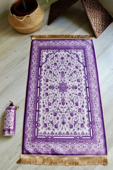 Gülhan Desenli İpek Dokulu Keseli Seccade Mor Renk - Resim 2