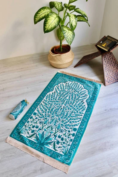 Çini Desenli İpek Dokulu Keseli Seccade Turkuaz - Resim 2