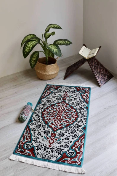 Halı Desenli İpek Dokulu Keseli Seccade Çok Renkli - Resim 5