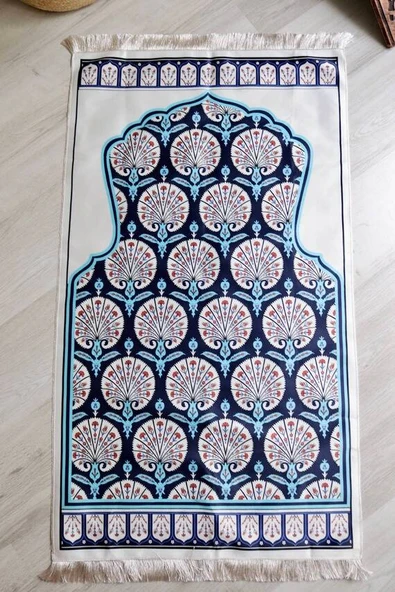 Lale Desenli İpek Dokulu Keseli Seccade Mavi Renk - Resim 4