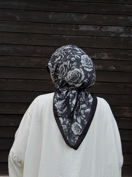 Pamuklu Soft Roza Desen Eşarp-Siyah/Antrasit - 6