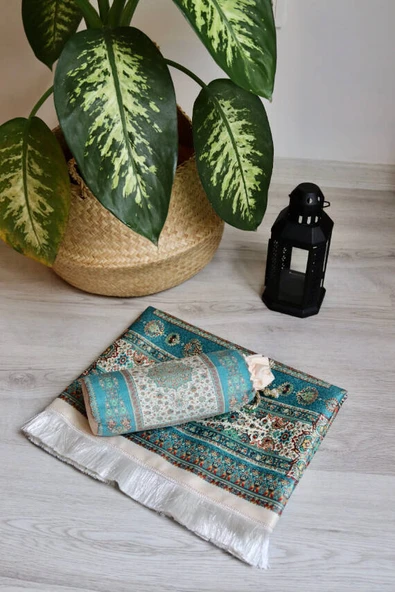 Halı Desenli İpek Dokulu Keseli Seccade Turkuaz - Resim 5