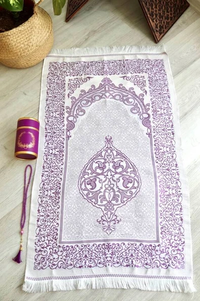 Silindir Kutulu Seccade ve İnci Tesbih Seti Mor Renk - Resim 4