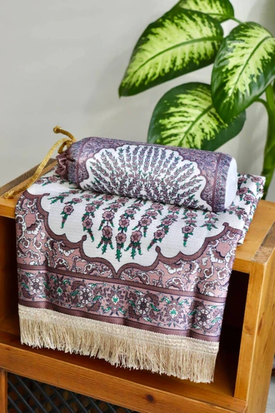 Çini Desenli İpek Dokulu Keseli Seccade Gül Kurusu - Resim 4