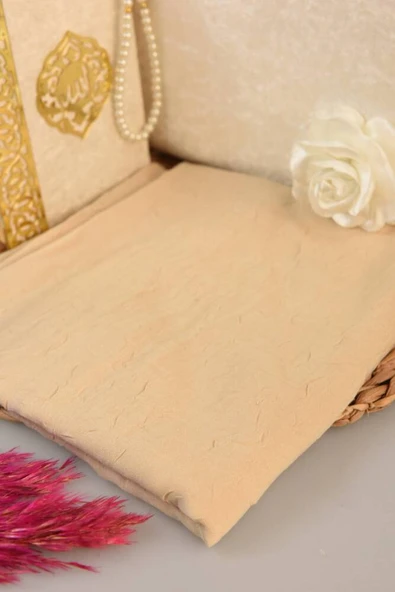 İnci Ahşap Kadife Kutulu Kuran-ı Kerim Çeyizlik-Hediyelik Set Krem Renk - Resim 3
