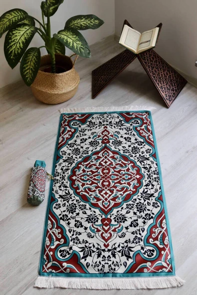 Halı Desenli İpek Dokulu Keseli Seccade Çok Renkli ürün görseli