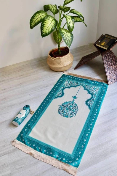 Mihrap Desenli İpek Dokulu Keseli Seccade Turkuaz Renk - Resim 2