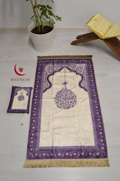 Pratik ve Taşınabilir İpek Dokulu Mihrap Desenli Çantalı Seccade Mor