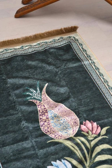 Pratik ve Taşınabilir İpek Dokulu Lale Desenli Keseli Seccade Yeşil - Resim 3