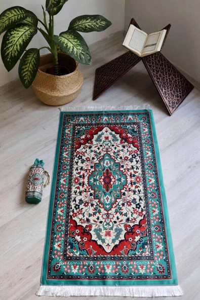 Kilim Desenli İpek Dokulu Keseli Seccade Yeşil - Resim 4
