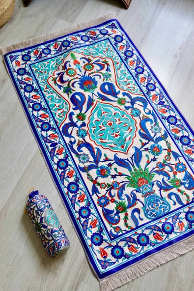 Ebru Desenli İpek Dokulu Keseli Seccade Mavi - Resim 2