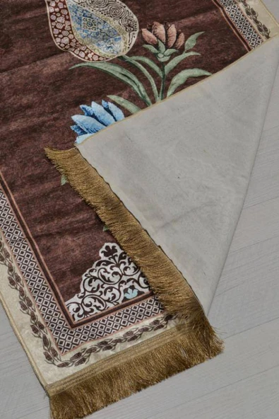 Pratik ve Taşınabilir İpek Dokulu Lale Desenli Keseli Seccade Kahverengi - Resim 3