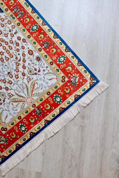 Küçük Çiçek Desenli İpek Dokulu Keseli Seccade Kırmızı - Resim 3