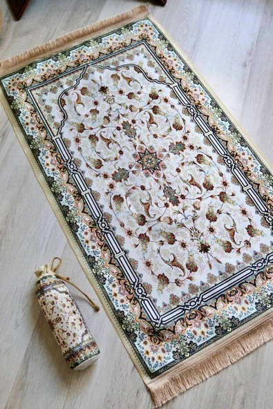 Gülhan Desenli İpek Dokulu Keseli Seccade Krem Renk - Resim 3