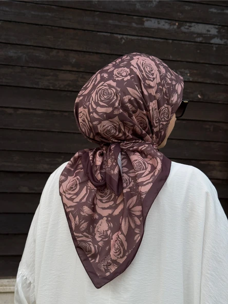 Pamuklu Soft Roza Desen Eşarp-Kahve/Gül Kurusu - 4