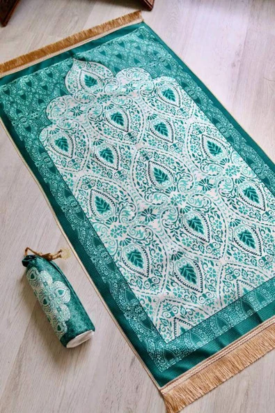 Rumi Desenli İpek Dokulu Keseli Seccade Yeşil Renk - Resim 2