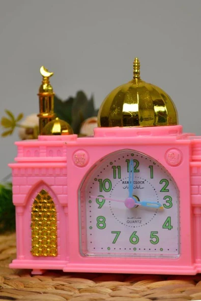 Ezan Okuyan Nostaljik Masa Saati Pembe– Mekke Ezanı Sesli (Dijital Olmayan) Büyük Boy - Resim 2