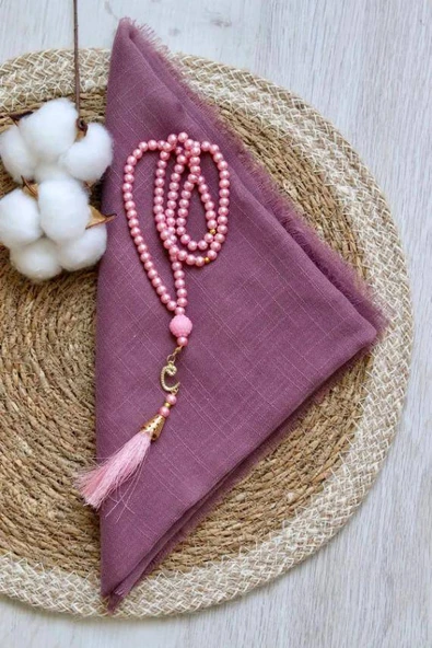 Hediyelik Mevlitlik Eşarp ve İnci Tesbih Set 1 Adet Gül Kurusu - Resim 2